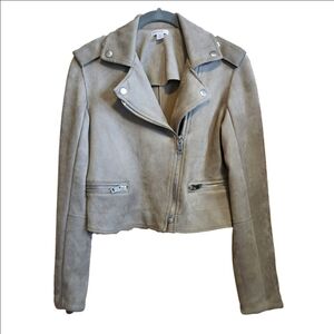 FAUX SUEDE TAN MOTO JACKET WITH SILVER ZIP DETAIL SIZE XS
